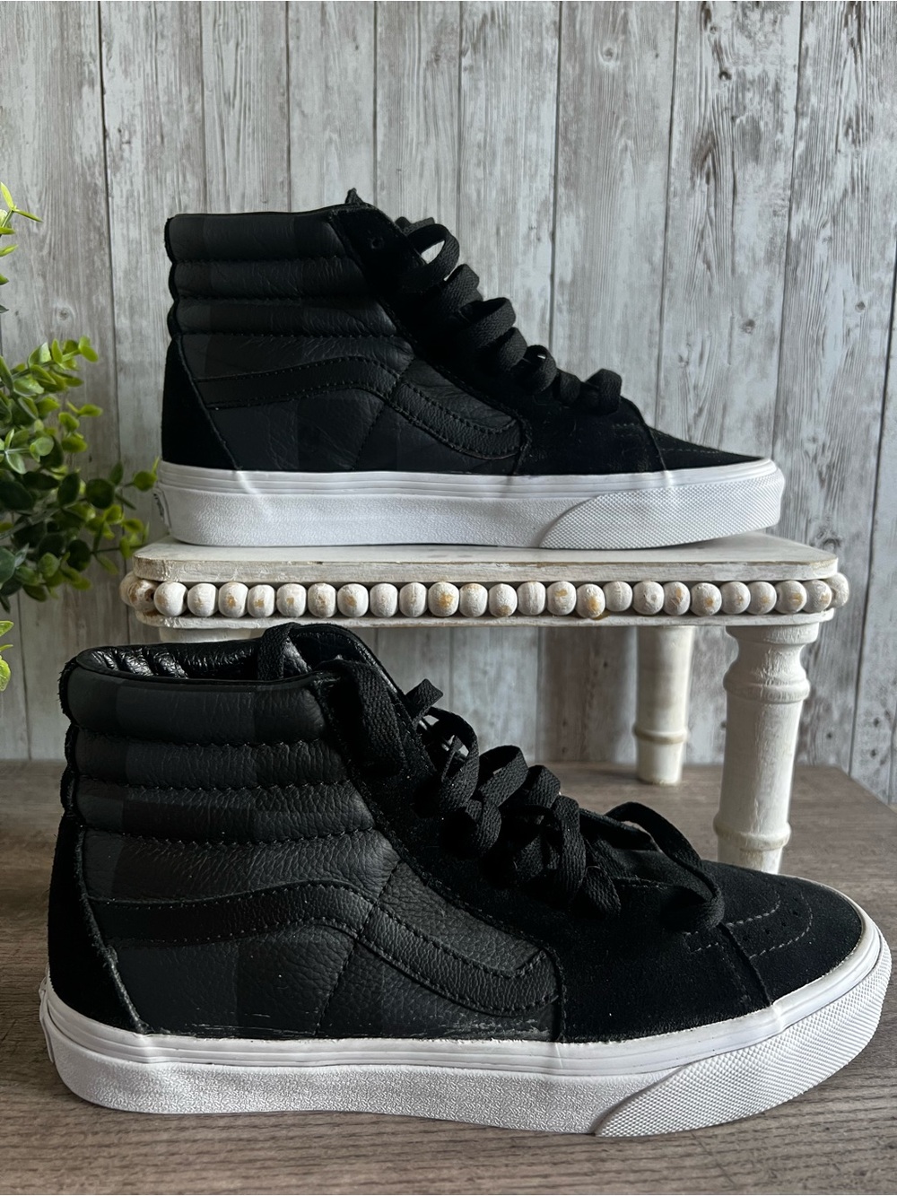 Vans Sk8 High-Top Leather Suede Checkered Sneakers Black Unisex Womens 7 Men 5.5